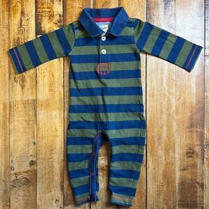 Hatley outfit boys rugby stripe green blue 3 to 6 mos one piece spring cotton